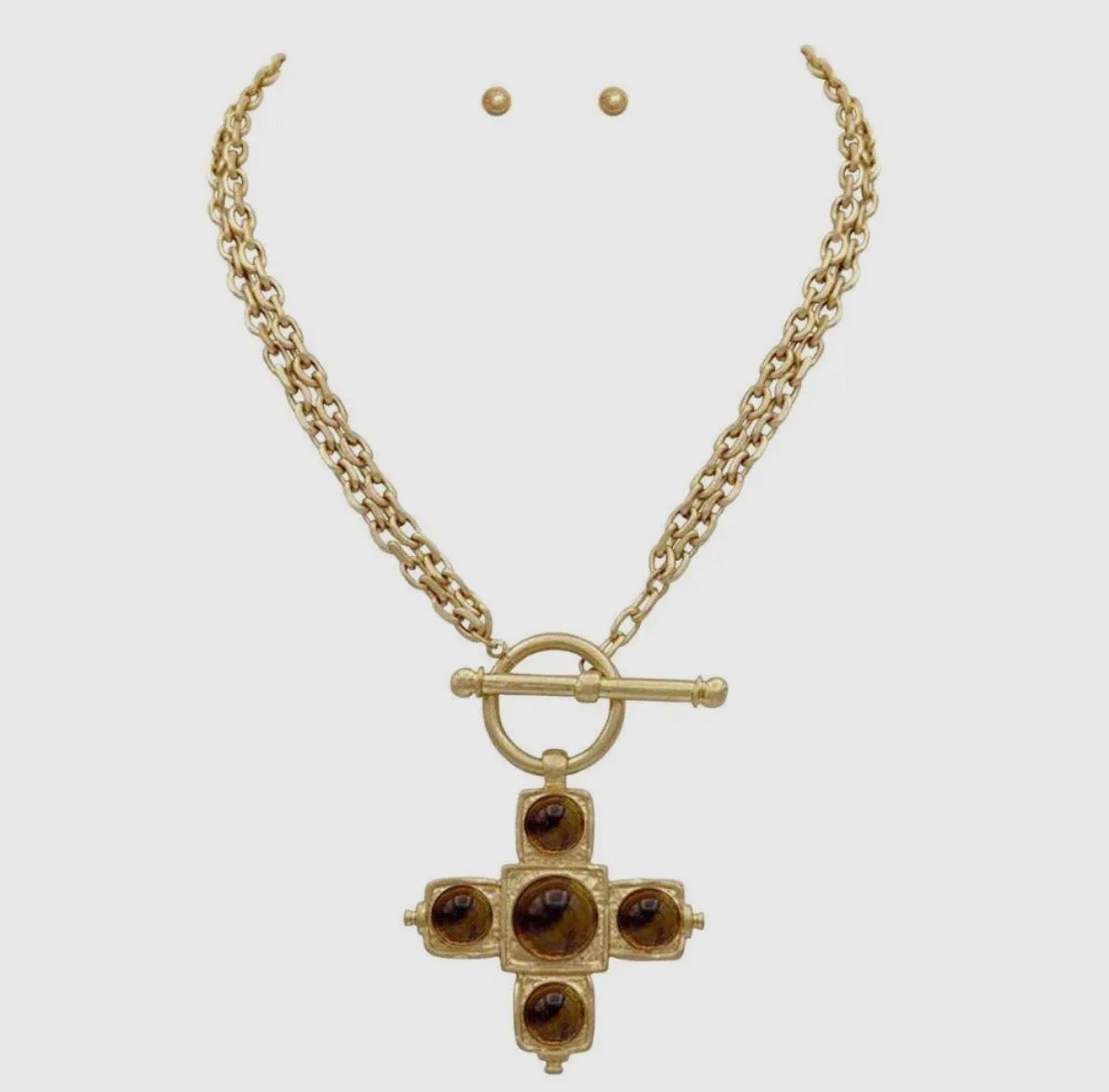 Gold Double Chain Toggle Necklace with Brown Cross Beaded Pendant