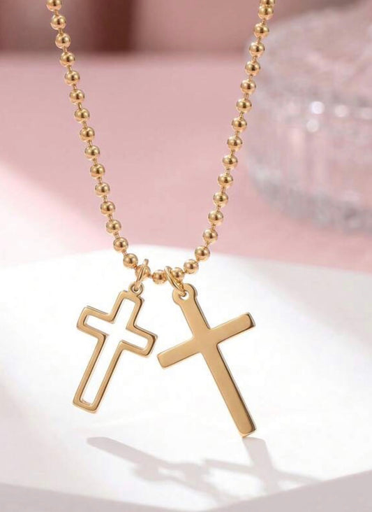 Gold Stainless Steel Double Cross Charms on Gold Ball Beaded Chain