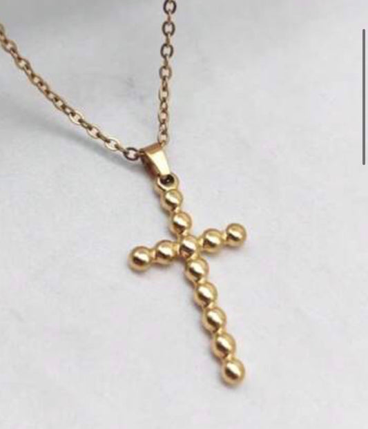 Gold Stainless Steel Ball Beaded Cross on Gold Chain