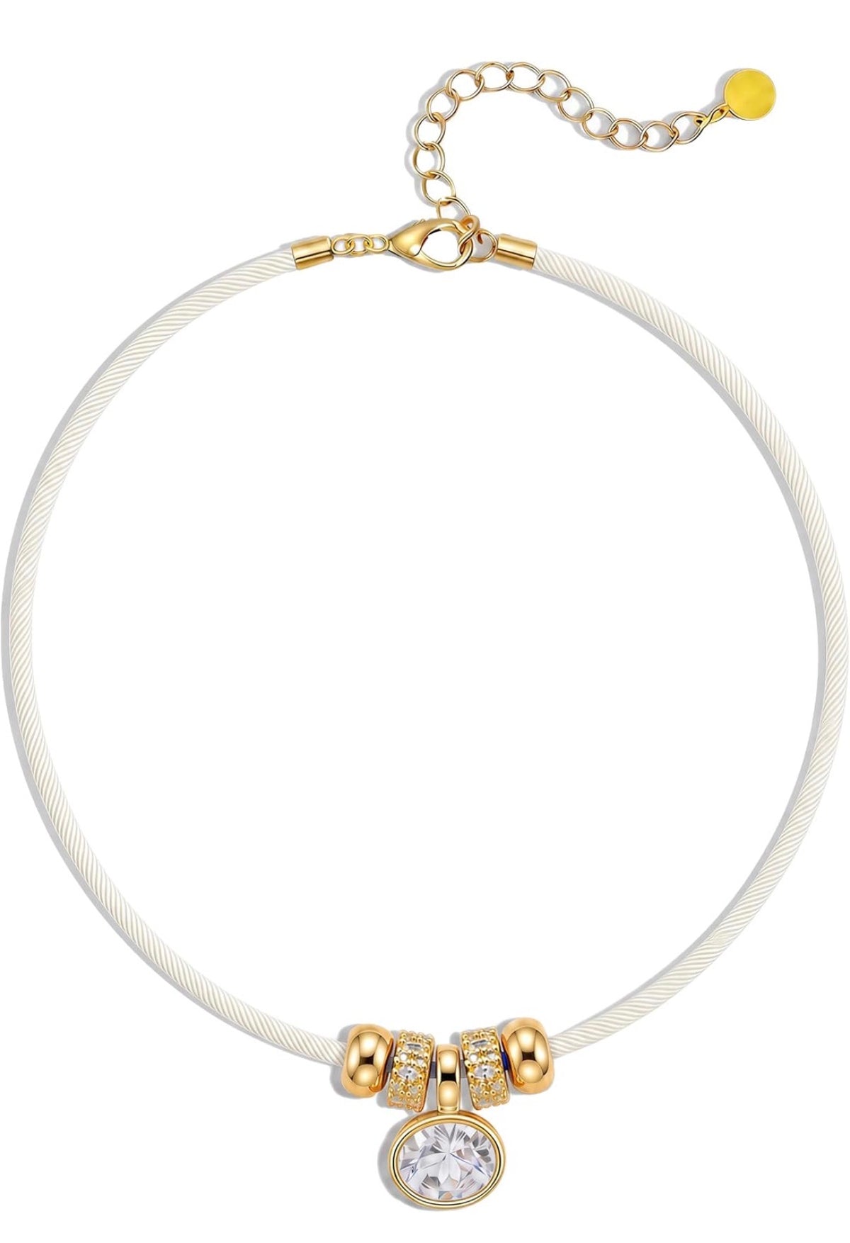 Gold Oval Crystal & Gold Charms on a White/Light Cream Satin Rope Necklace.