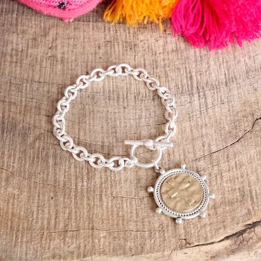 Silver Chain Bracelet with Two-Tone Coin Cross pendant & Toggle closure