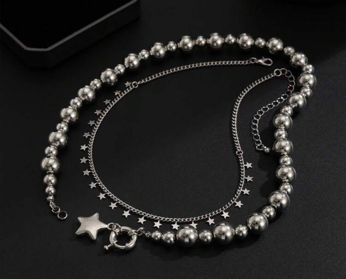 Silver Double Layered- Ball Beaded Chain with toggle/Star & Small Chain with Multiple Star Accent Necklace