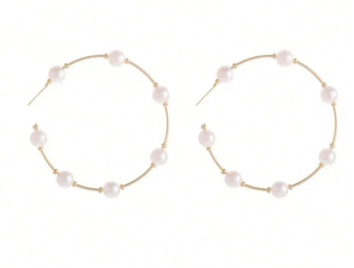 Large Gold Hoop Earrings with Pearl Ball Accents