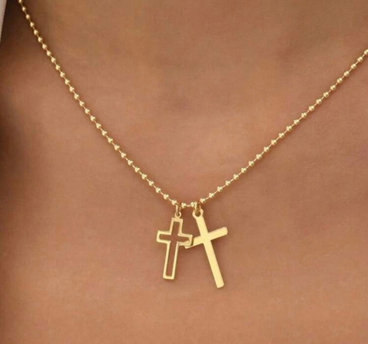Gold Stainless Steel Double Cross Charms on Gold Ball Beaded Chain