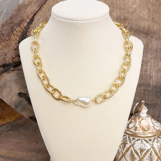 Chunky Gold Chain Necklace with Large Assymetrical Pearl