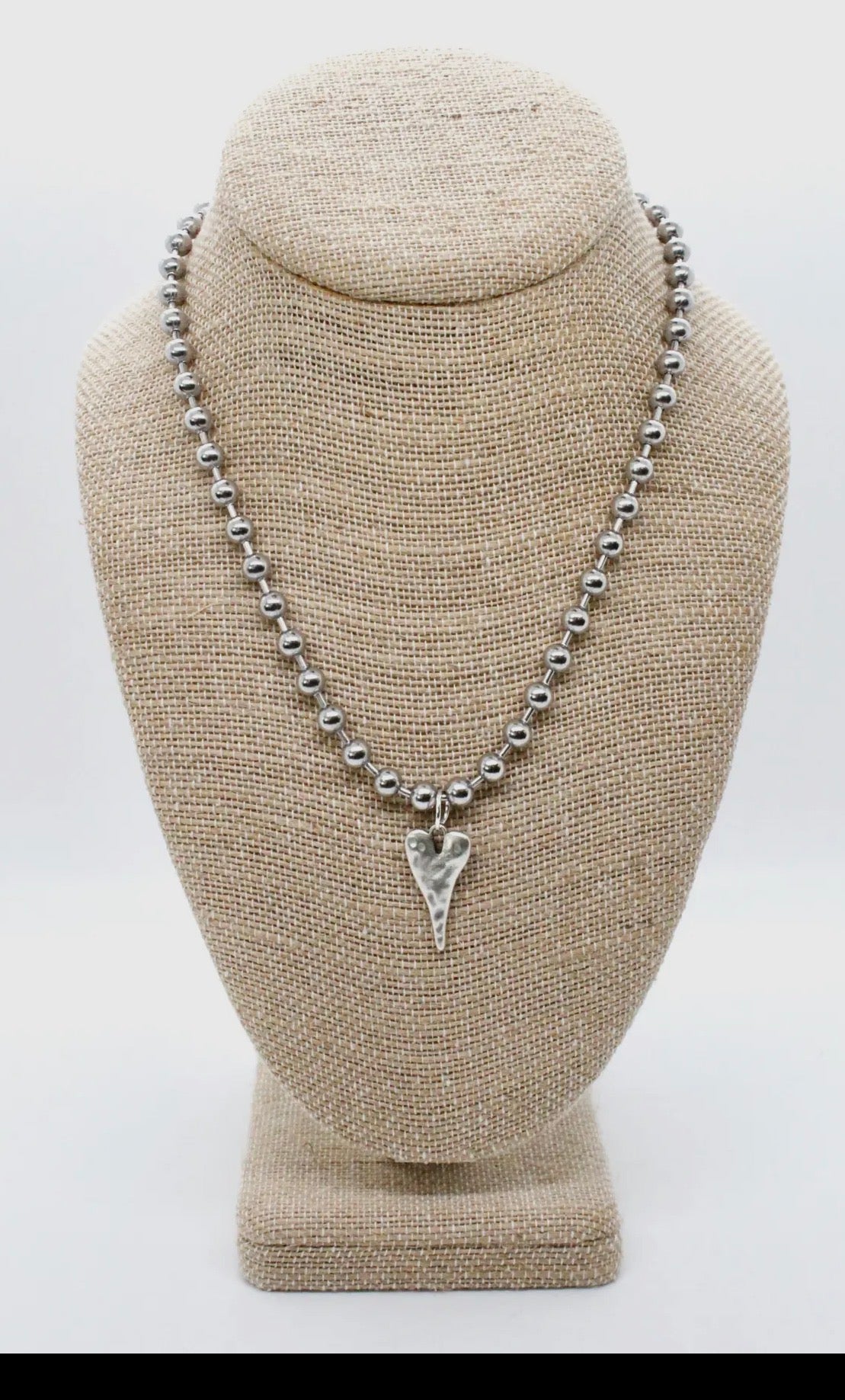 Silver Ball Beaded Necklace with Elongated Heart Charm
