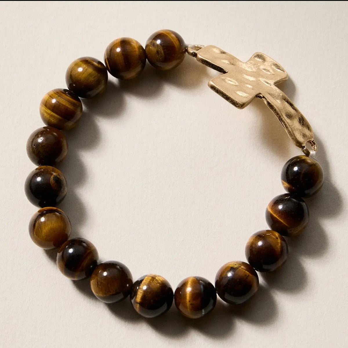 Brown Stone Beaded Stretch Bracelet with Gold Sideways Hammered Cross