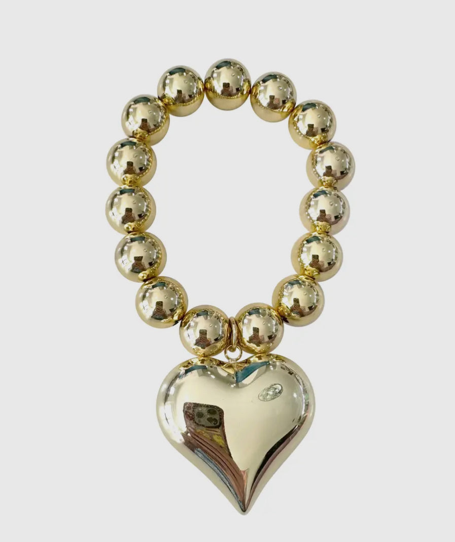 Gina Gold Beaded Bracelet with Puffy Heart Pendant