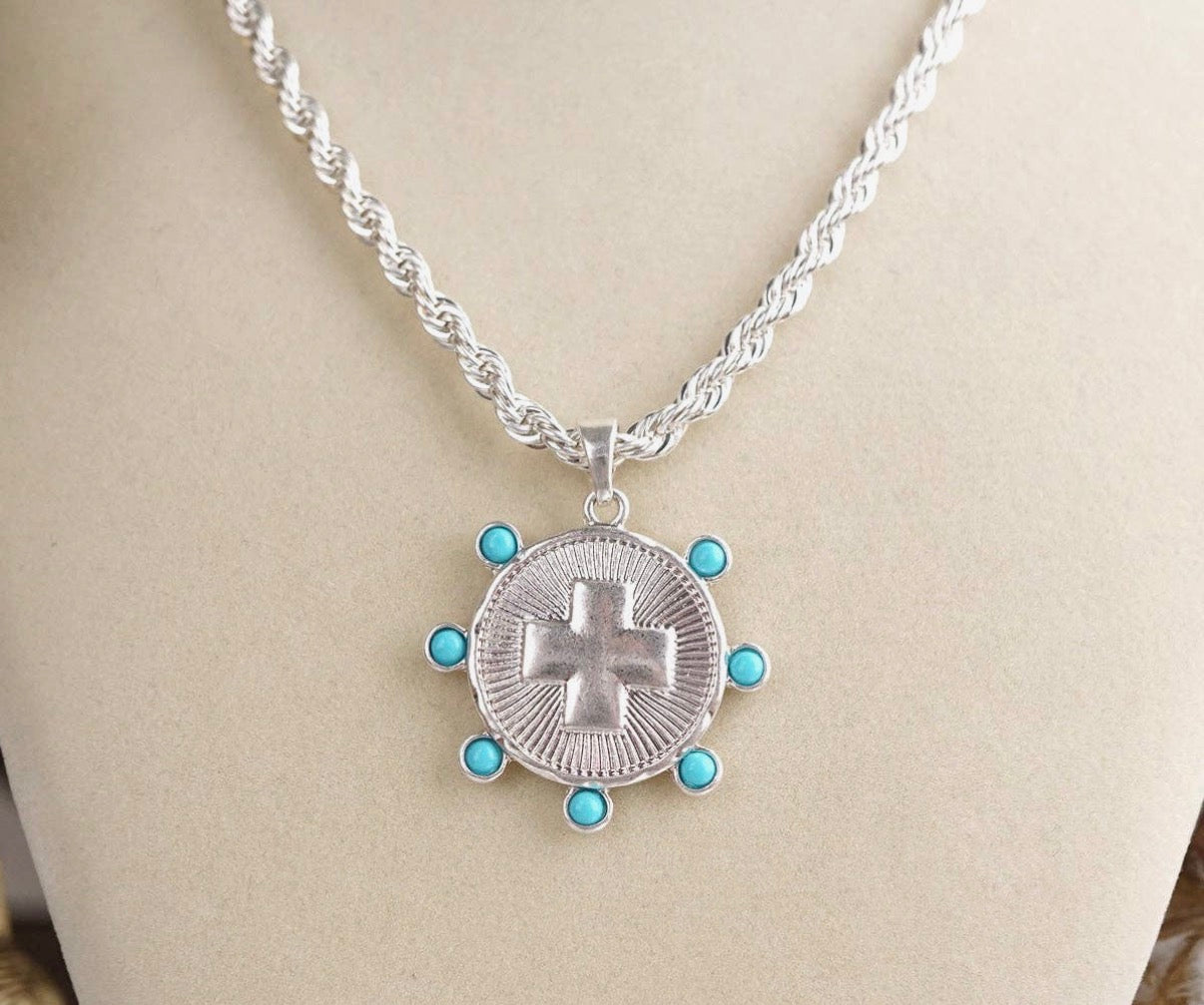 Sunlit Devotion- Silver Chain Necklace with silver & turquoise coin accent pendant.