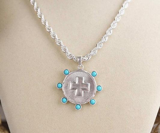 Sunlit Devotion- Silver Chain Necklace with silver & turquoise coin accent pendant.