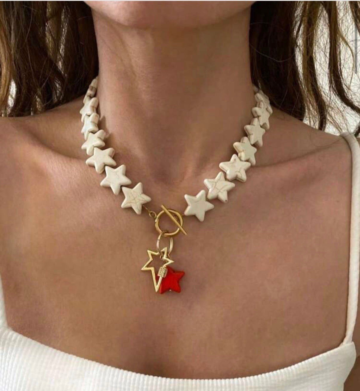 Cream/White Star Toggle Choker with Gold & Red Star Pendants