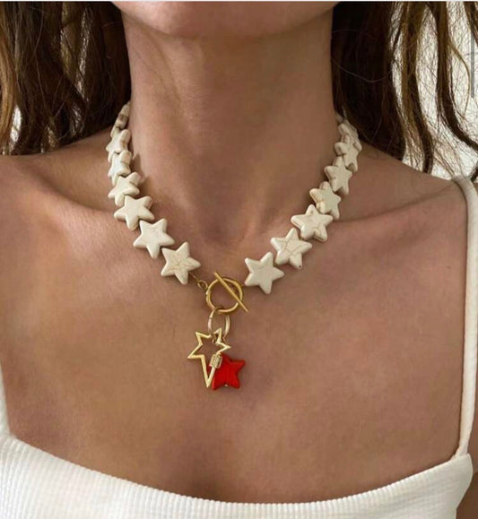 Cream/White Star Toggle Choker with Gold & Red Star Pendants