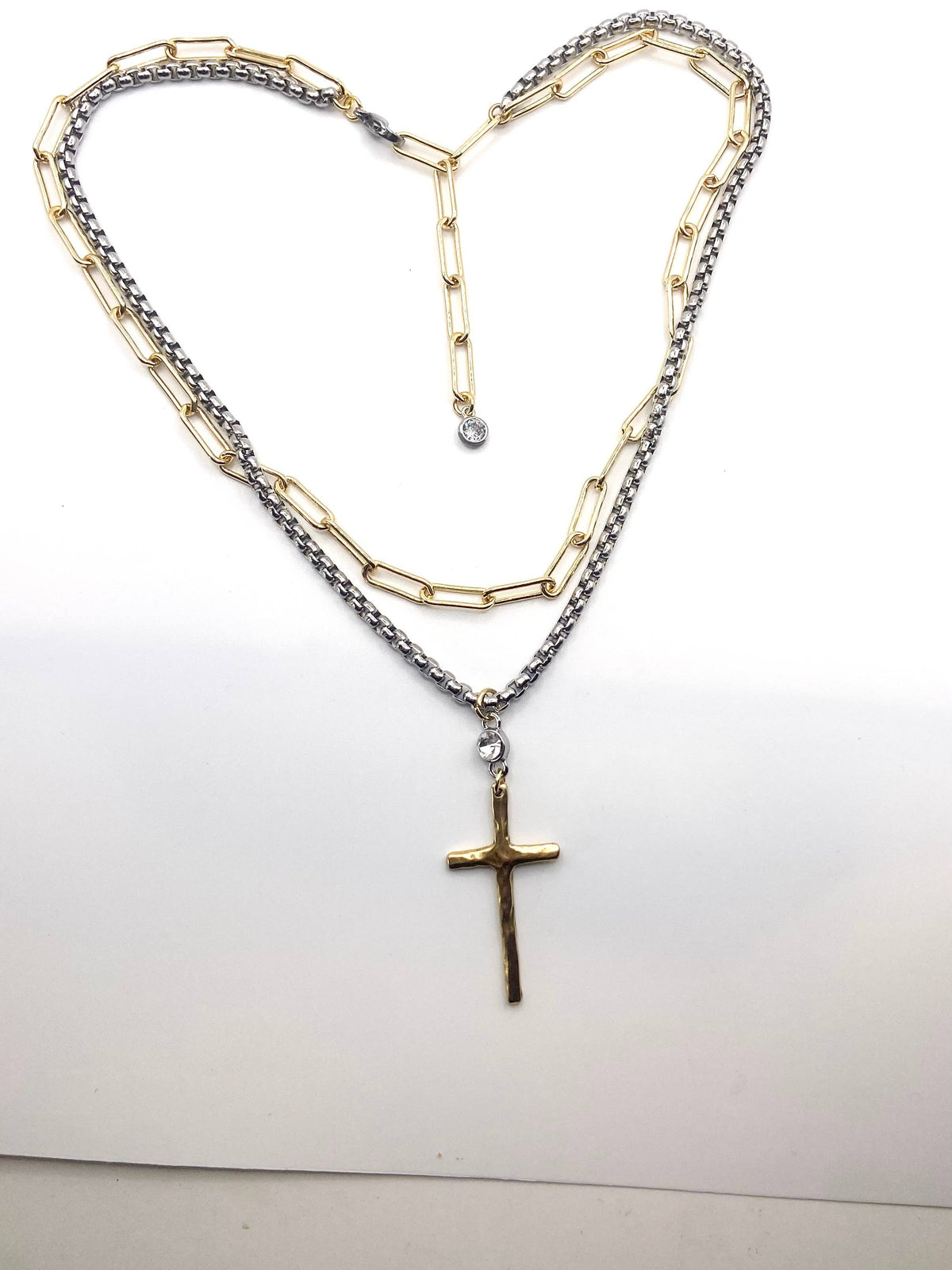 Cross Layered Necklace Mixed Metal Two-Tone - Gold Cross Pendant