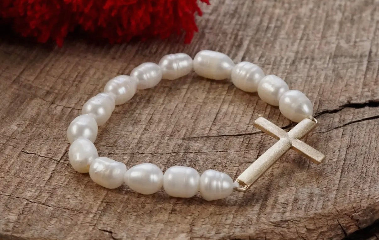 Pearl Beaded Stretch Bracelet with Worn Gold Sideways Cross
