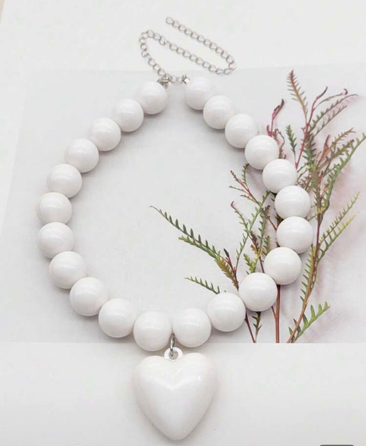 Bright White Acrylic Beaded Necklace with Puffy Heart Pendant