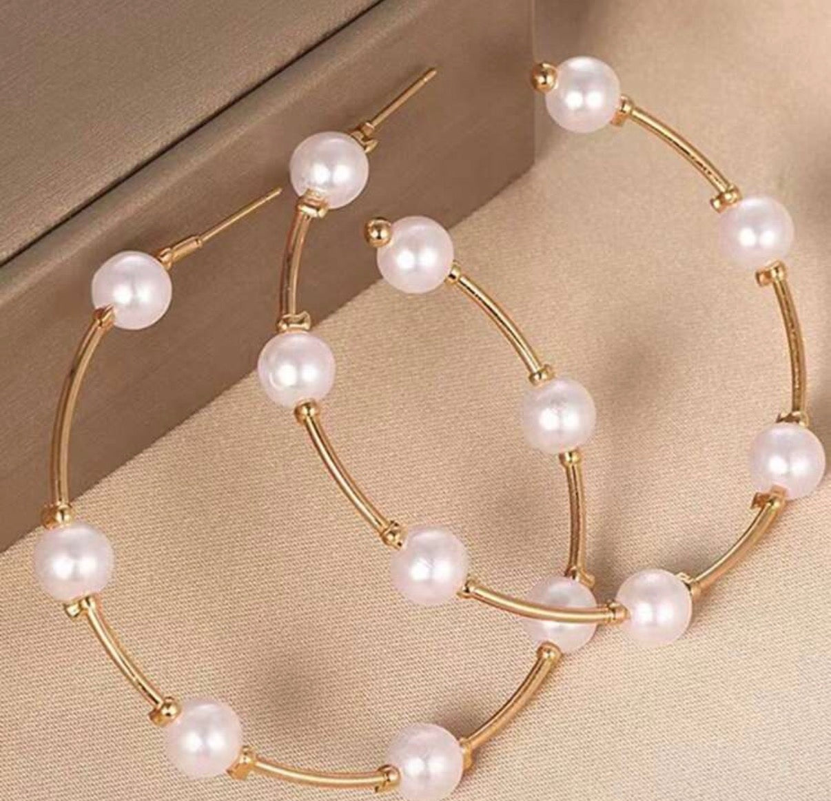 Large Gold Hoop Earrings with Pearl Ball Accents