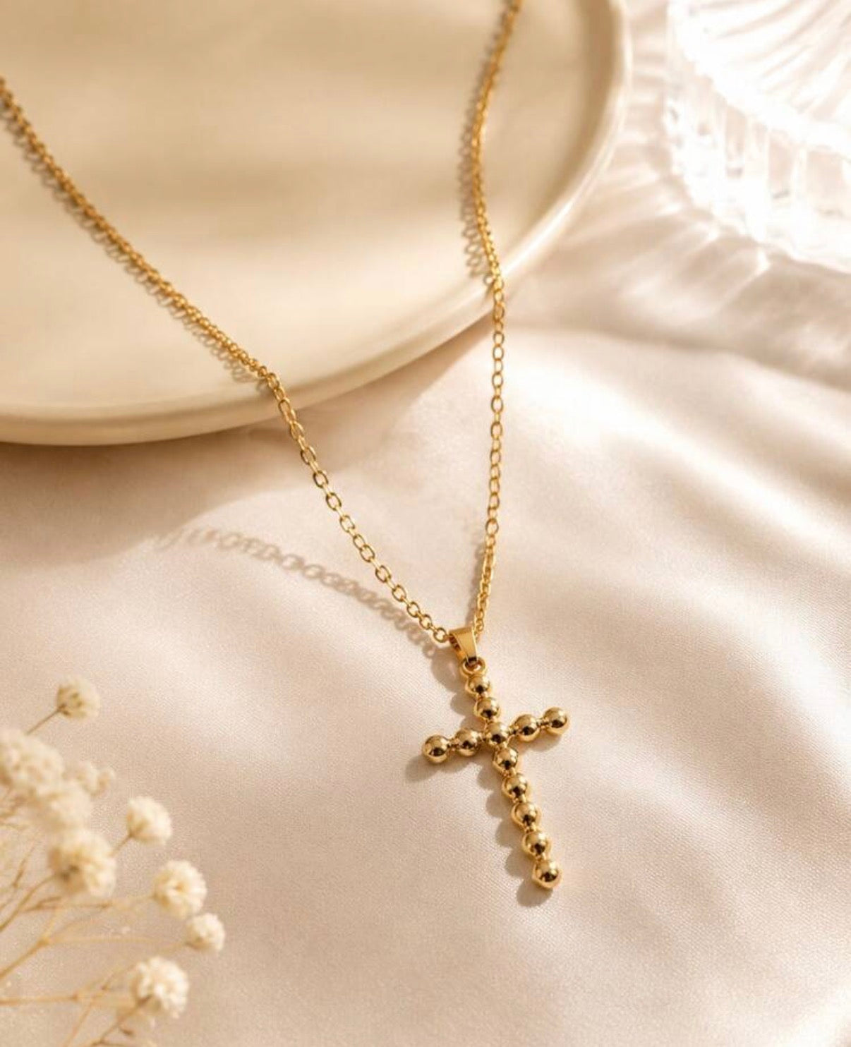 Gold Stainless Steel Ball Beaded Cross on Gold Chain
