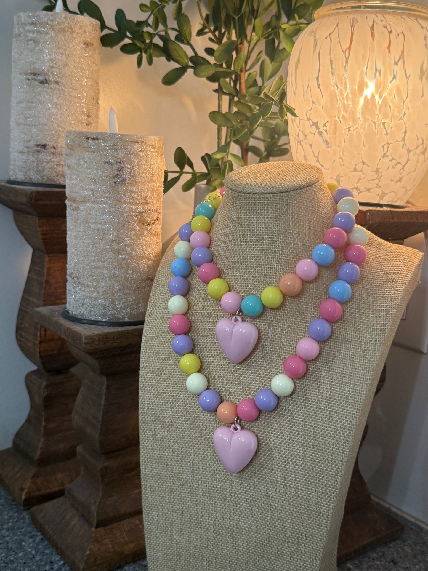 Candy Colors, Macaron Beaded Necklace with Dopamine Puffy Heart Pendant.