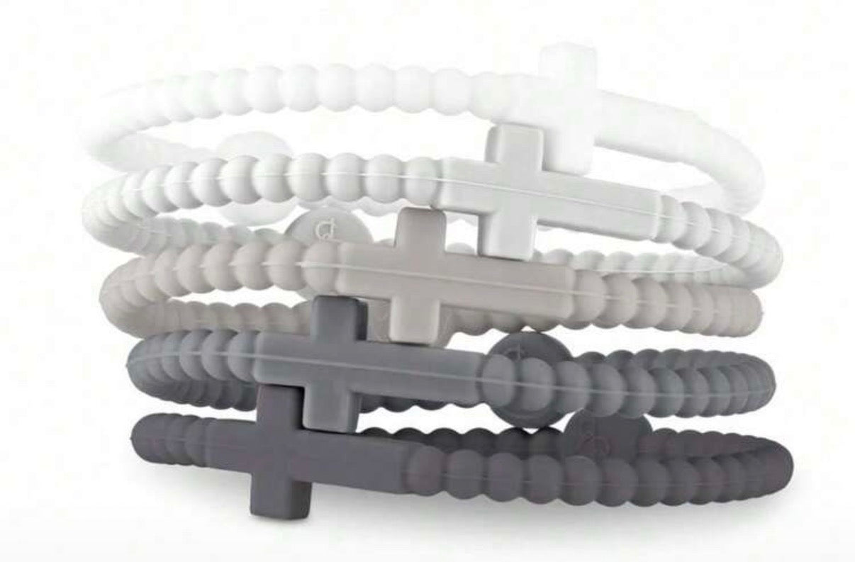 5 pc. “Wear to Share” Black/Grays/White-Stretchy Cross Bracelets