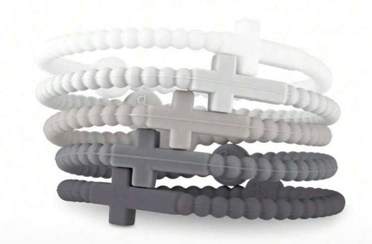 5 pc. “Wear to Share” Black/Grays/White-Stretchy Cross Bracelets
