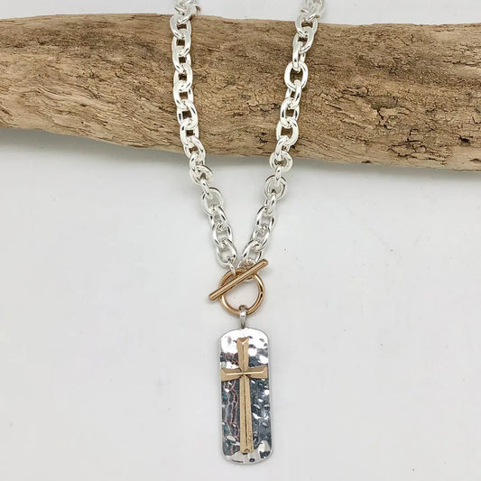 Silver Toggle Chain Link Necklace with Two-Tone Cross Tag Pendant