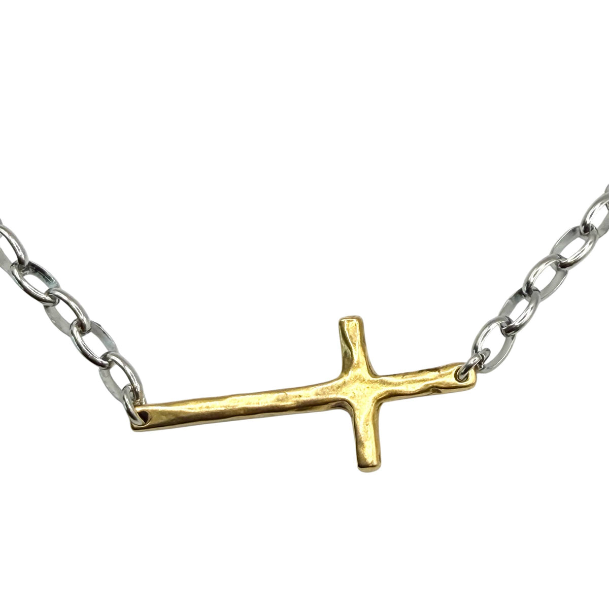 Sideways Cross Religious Mixed Metal Gold with Silver Cross Necklace