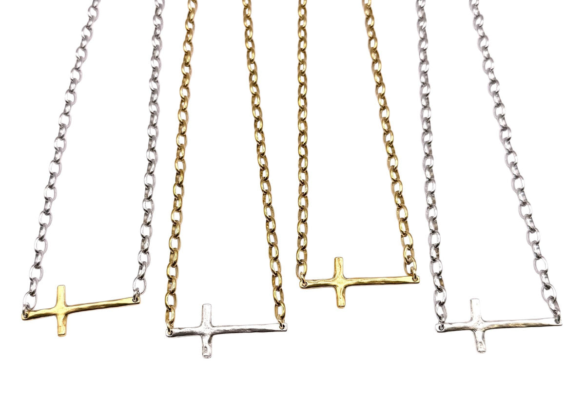 Sideways Cross Religious Mixed Metal Gold with Silver Cross Necklace
