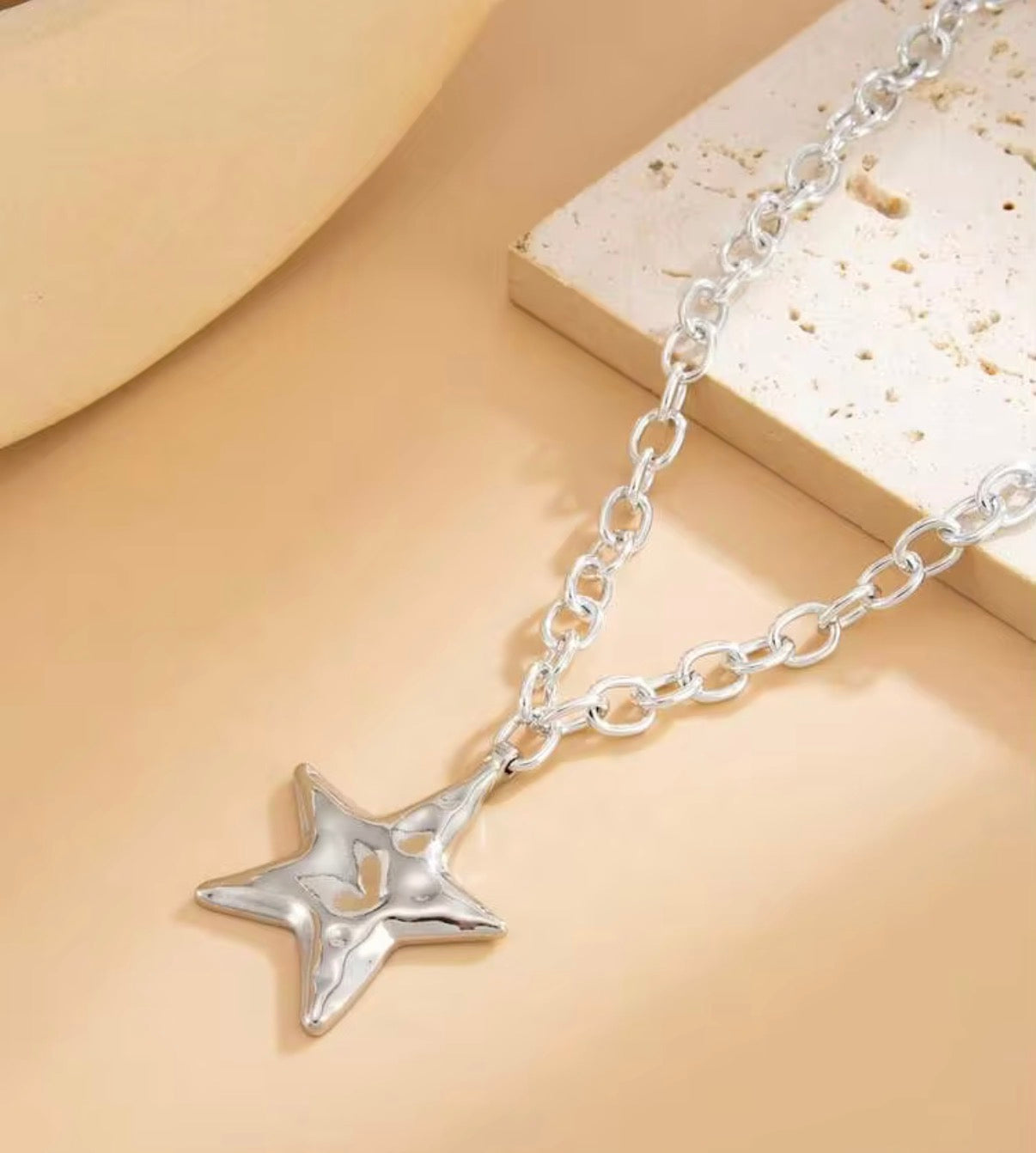 Silver Chain Necklace with 1.5” Silver Star Pendant.