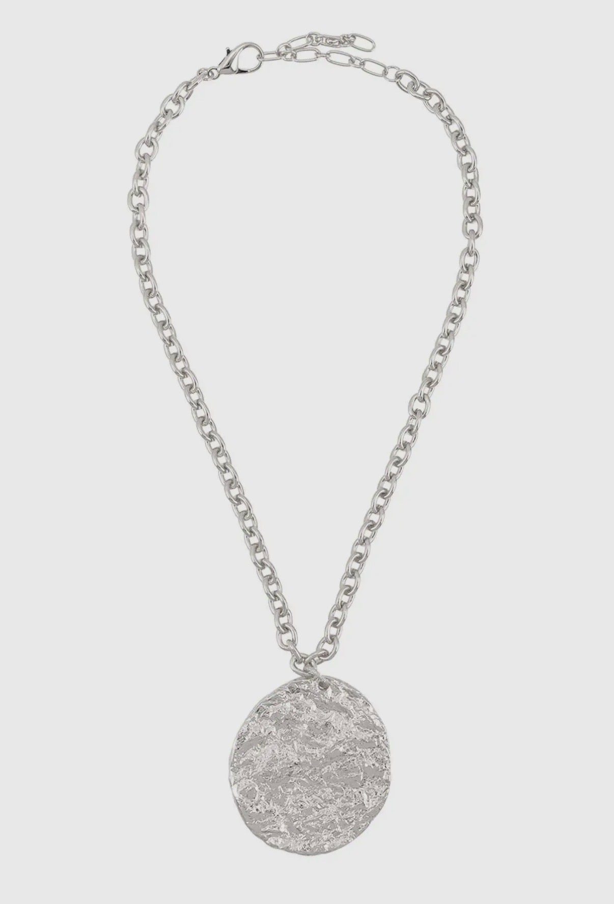 Silver Chain Necklace with Large Hammered Medallion Pendant