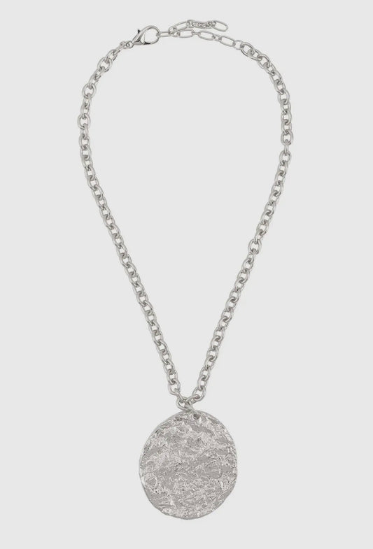 Silver Chain Necklace with Large Hammered Medallion Pendant