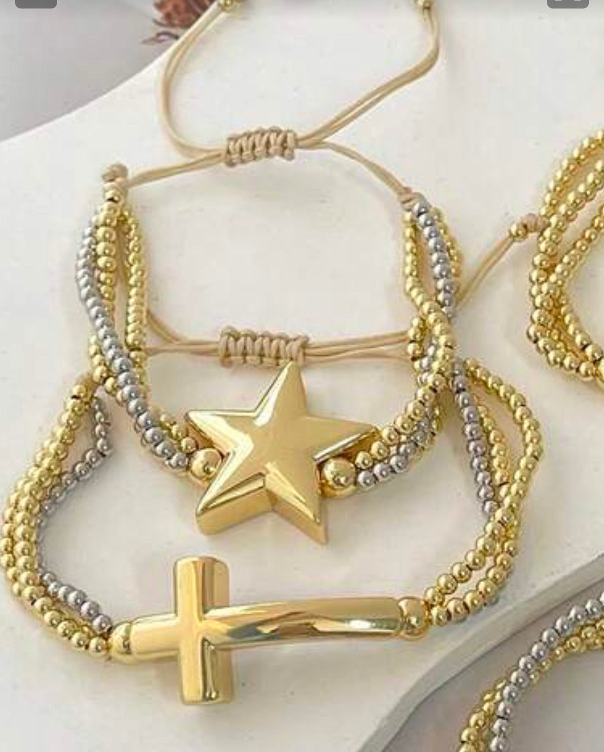 Two-Tone Adjustable Beaded Bracelet with Gold Star Accent