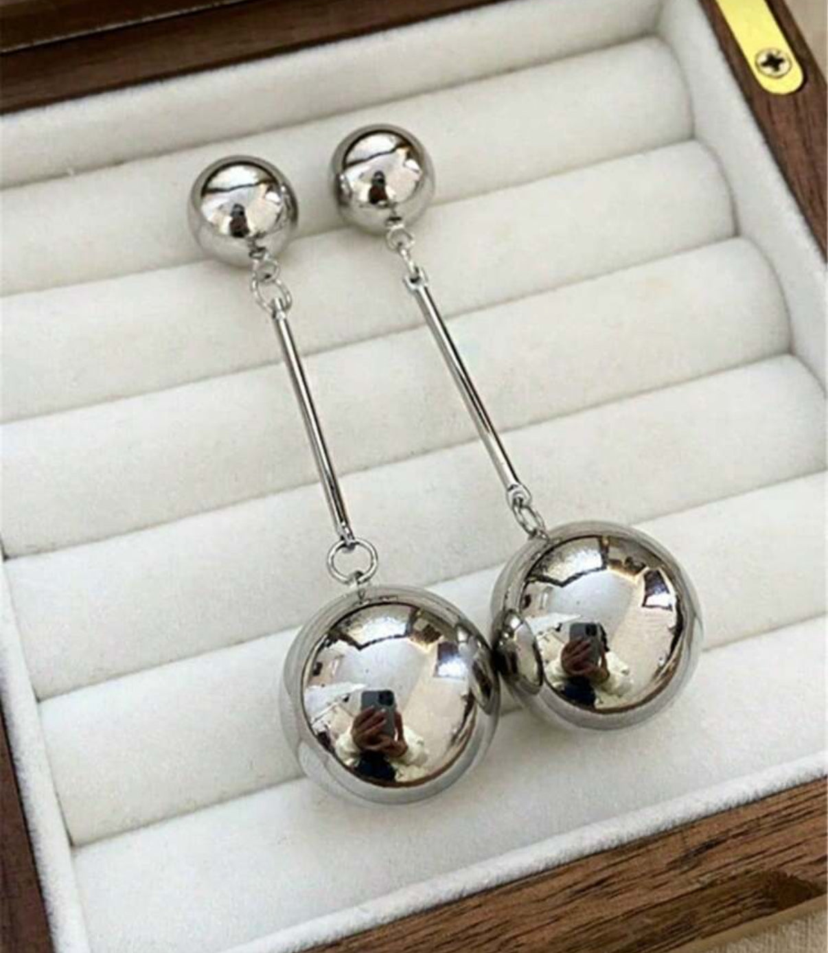 Silver Double Ball, Long Drop/Dangle Earrings