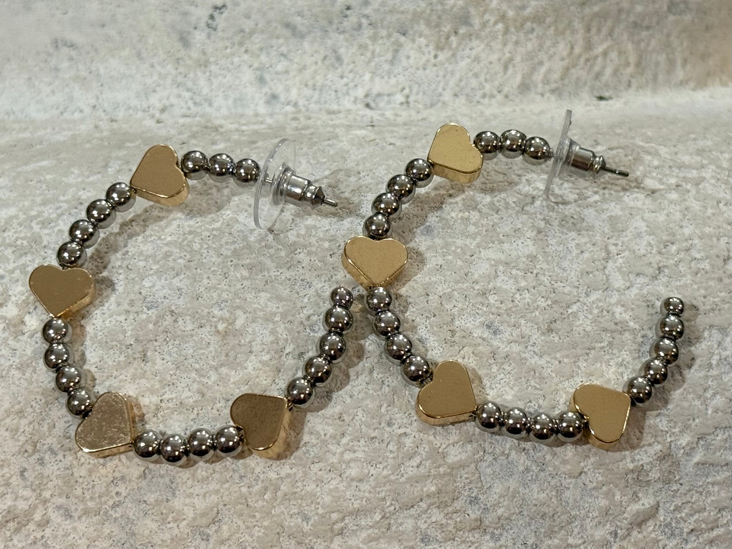 Two-Tone Silver Beaded Hoop Earrings with Gold Heart Details