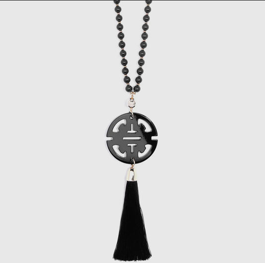 Traveling Black Resin Pendant Necklace with Tassle