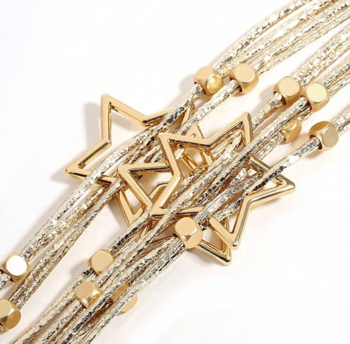 Mixed Media/Multi Layer/ Multiple Star Bracelet with Gold Beading & Clasp