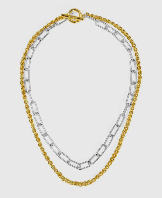 Two-tone Layered Paperclip & Rolo Chain Necklace with cross
