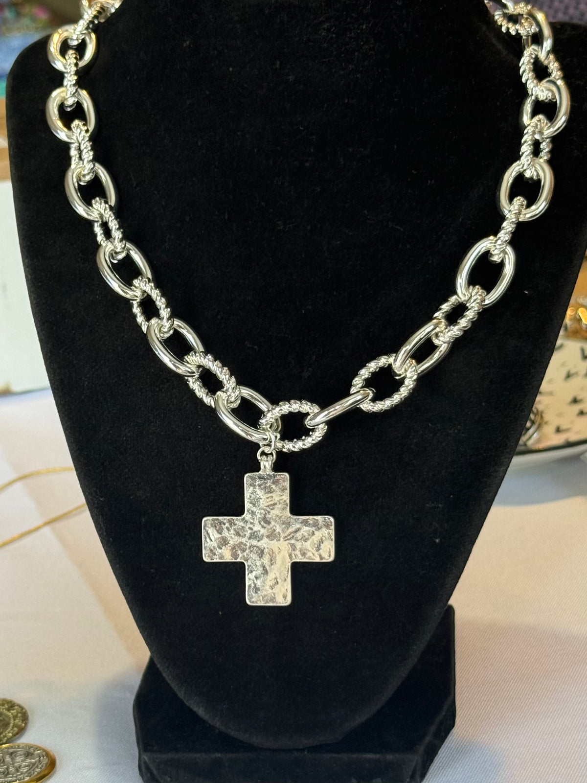 Water Resistant Chunky Silver Chain with Hammered Cross
16"-18" Necklace