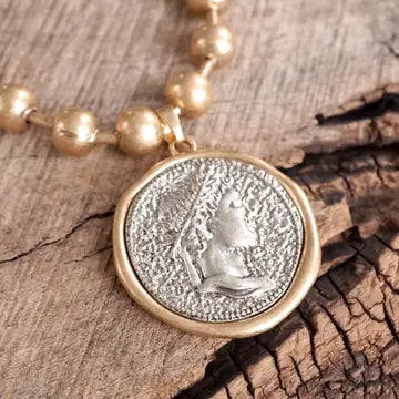 Gold Ball Chain Statement Necklace with Silver Chunky Coin Pendant