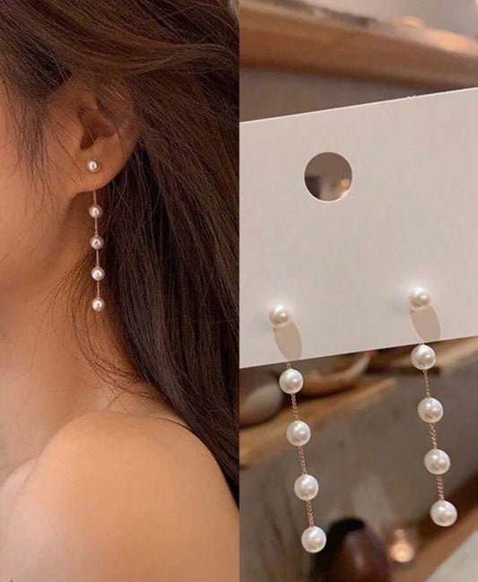 Long Gold Chain Drop Earrings with Pearl Accents