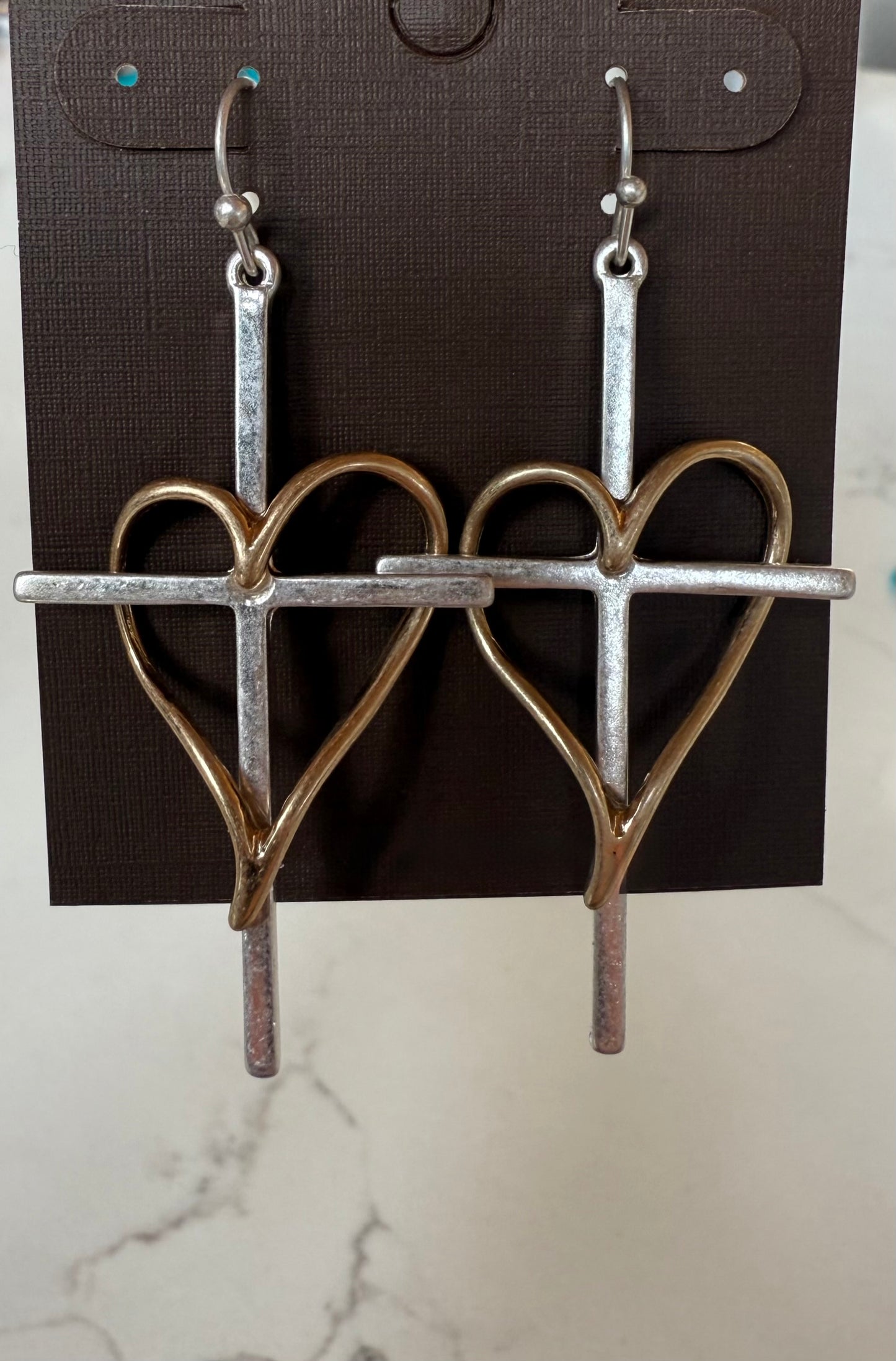 Two-Tone Artisan Silver Cross Earrings with Gold Heart Accent