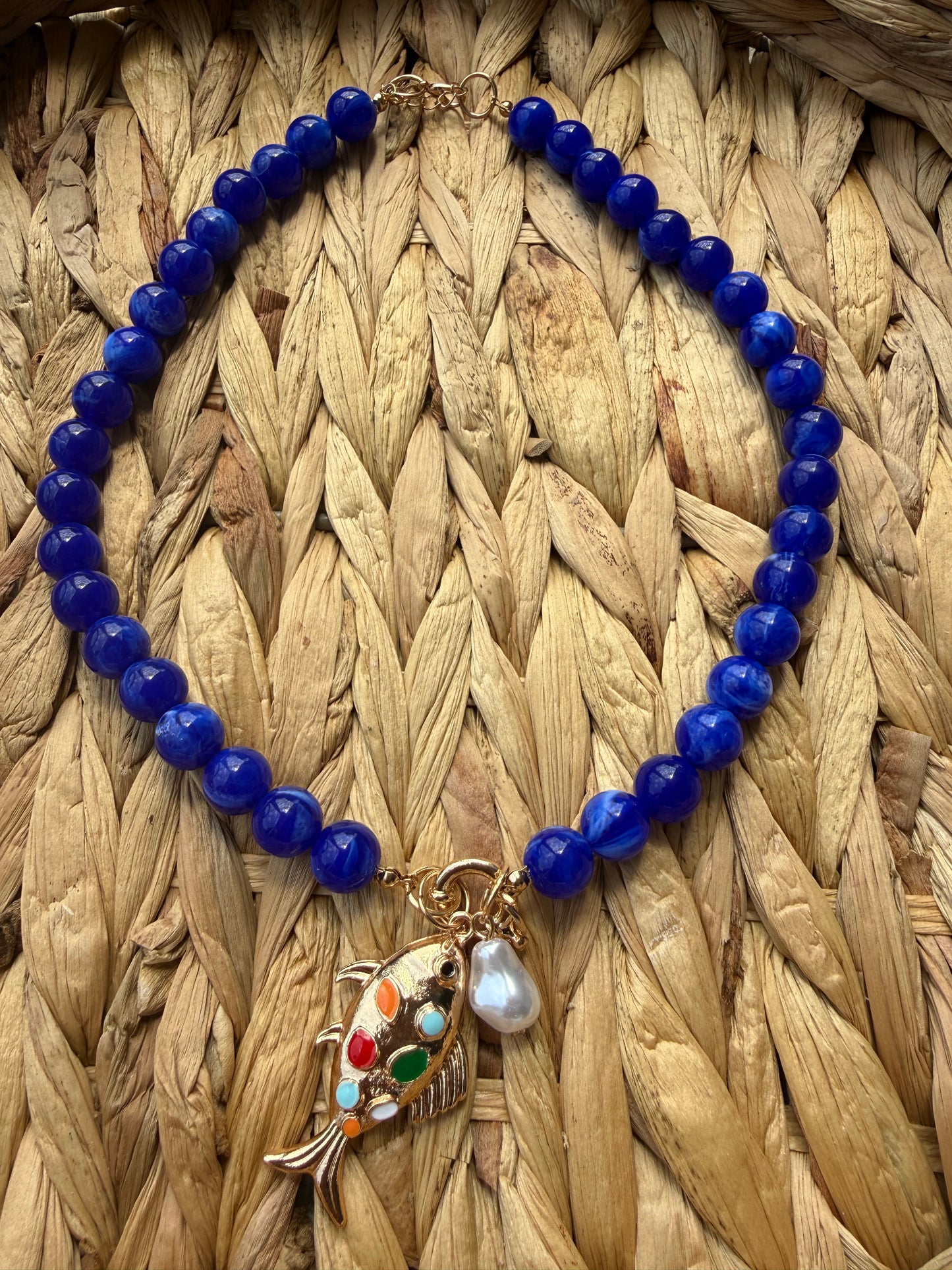 Gold & Colorful Hand Painted Fish Pendant & Pearl Charm on a Brilliant Sapphire Blue Beaded Canaliver Necklace