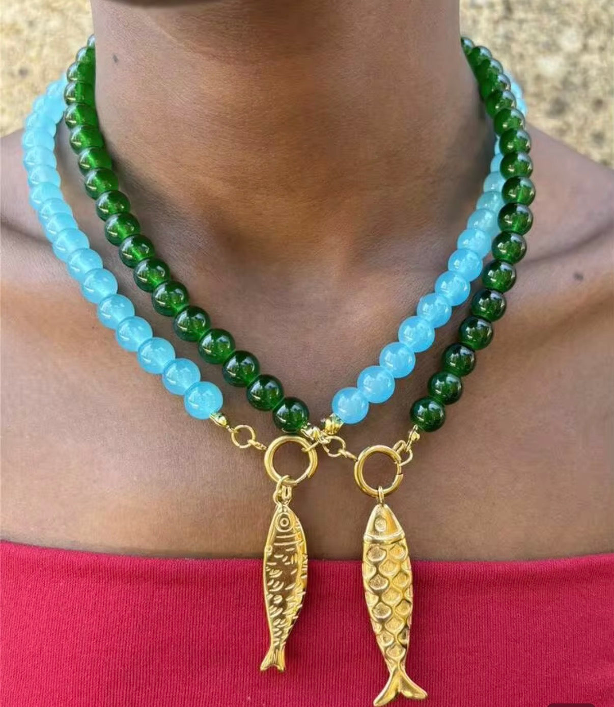Green Glass Beaded Carabiner Necklace with Stainless Steel Gold Fish Pendant