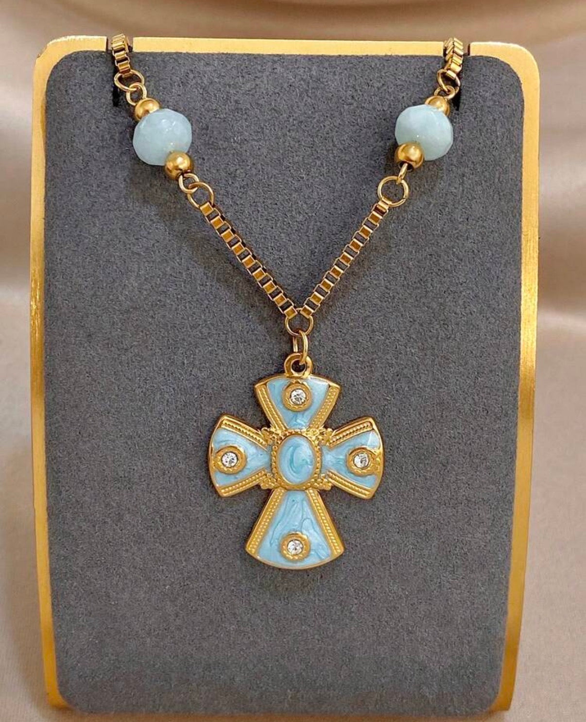 Gold & Light Turquoise Enamel Cross Necklace