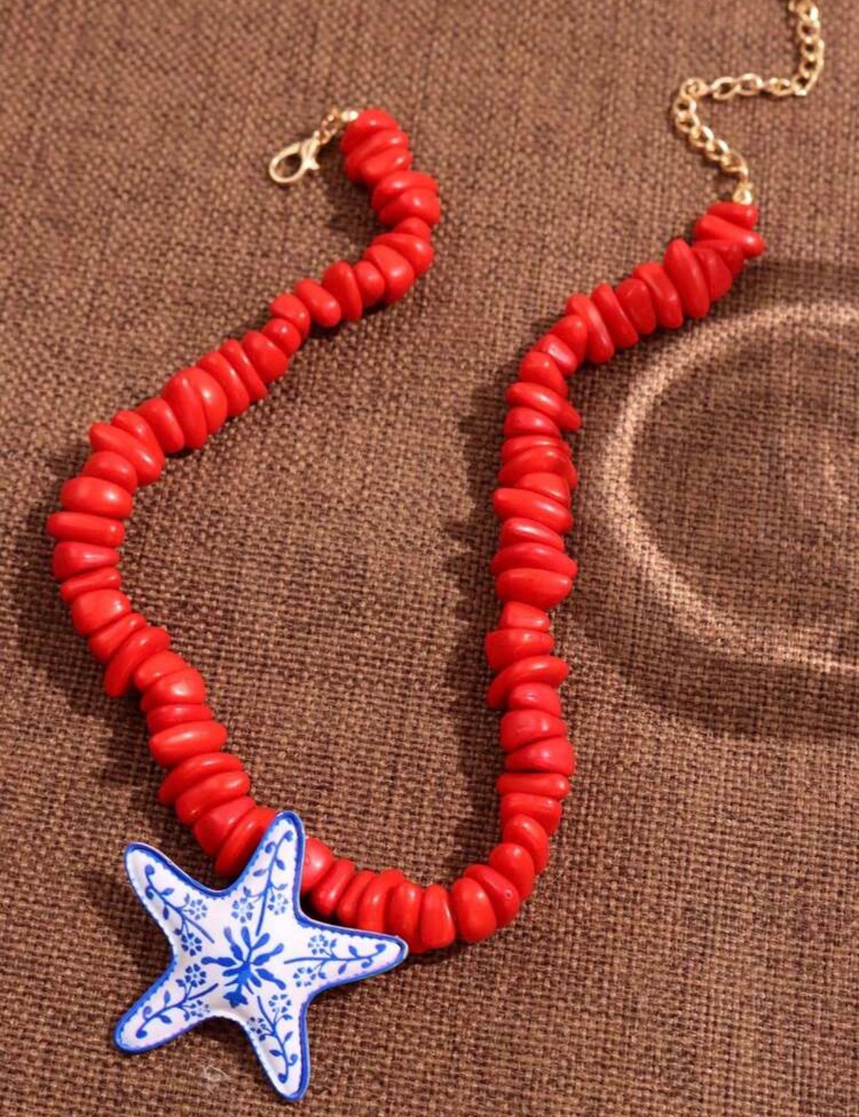 Red Stone Beaded Necklace with Blue & White Painted Starfish Pendant