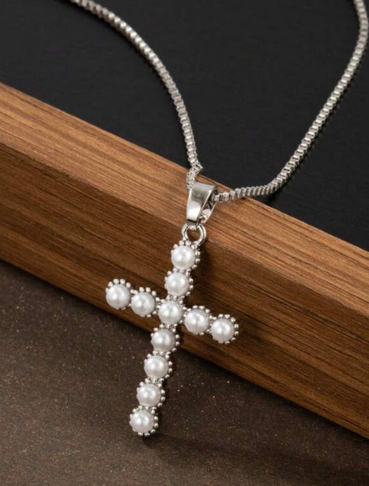Silver Stainless Steel & Pearl Ball Cross Pendant Necklace