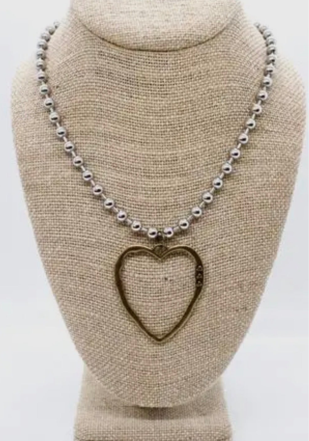 Two-Tone Silver Convertible (long/short) Steel Ball Bead Necklace with Cutout Heart Pendant
