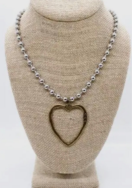 Two-Tone Silver Convertible (long/short) Steel Ball Bead Necklace with Cutout Heart Pendant