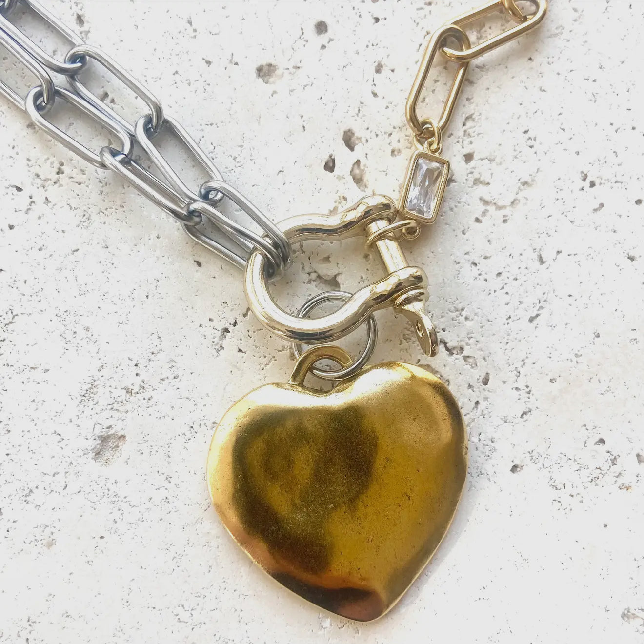 ✨Pre-Order✨ Two-Tone Paperclip Chain Shackle Necklace with Heart Pendant