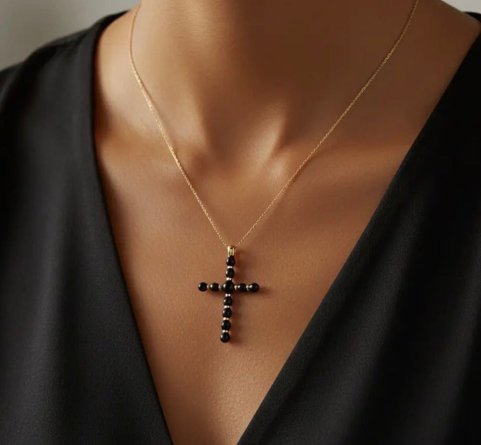 Black Ball Bead Cross Pendant on Gold Box Chain Necklace