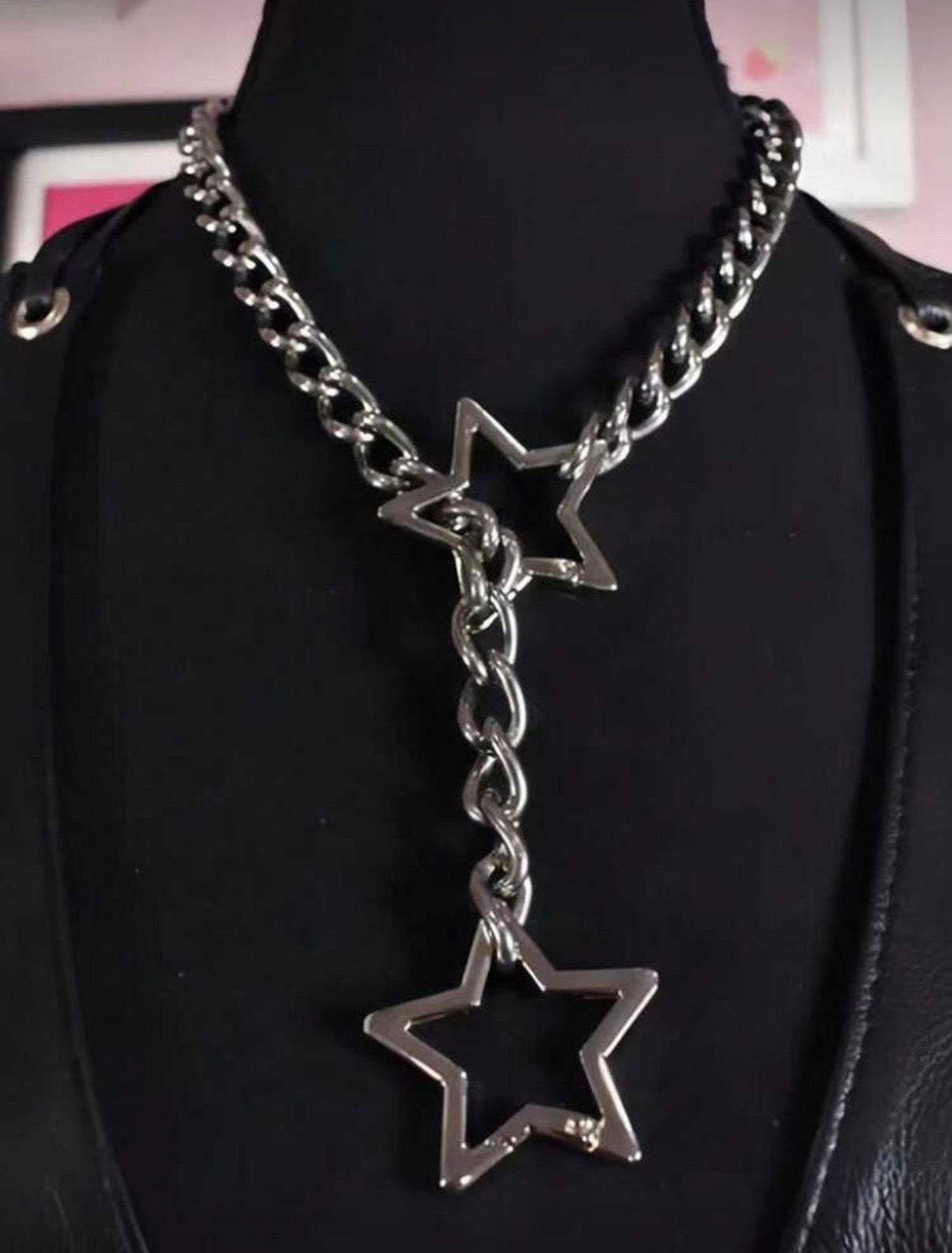 Silver Chain Link Double Star Lariat Necklace